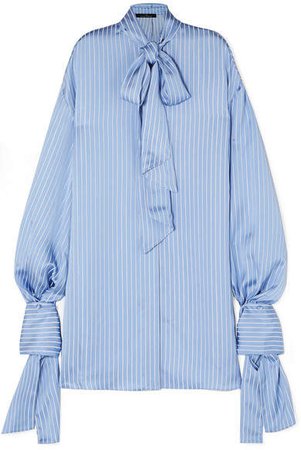 Rokh - Open-back Tie-detailed Striped Satin Blouse - Blue
