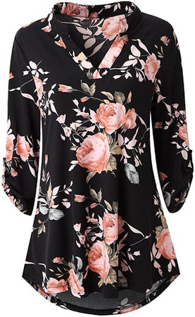 Zattcas Womens Floral Printed Tunic Shirts 3/4 Roll Sleeve Notch Neck Tunic Top at Amazon Women’s Clothing store