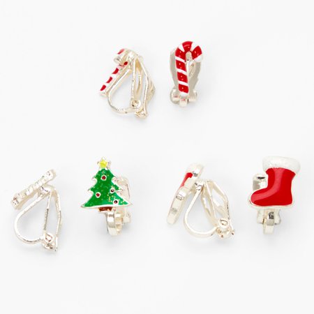 Christmas Silver Motif Clip On Stud Earrings - 3 Pack | Claire's US