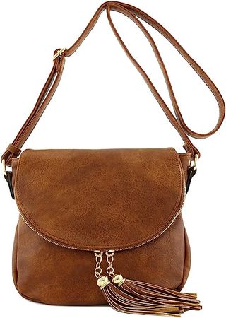 Tassel Accent Crossbody Bag with Flap Top (Tan): Handbags: Amazon.com