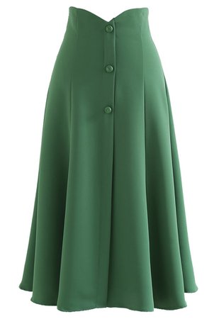 Buttons Trim High Waist Flare Midi Skirt in Green - Retro, Indie and Unique Fashion