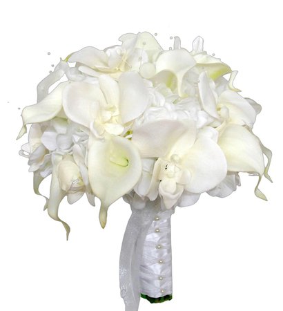 White real touch bouquet - Bridal flowers with calla lilies, orchids for brides, bridesmaids, flowergirls. Artificial home decor