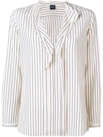 striped ruffle front blouse