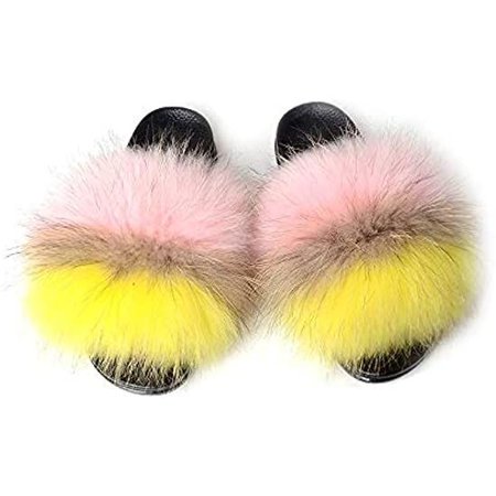 Valpeak Women's Luxury Real Raccoon Fur Slider Slippers