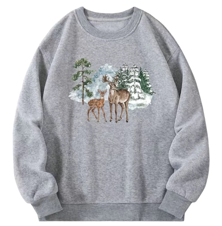 Deer & Tree Print Crew Neck Loose Sweatshirt,