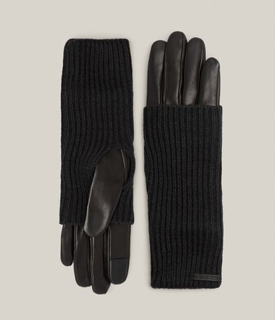 ALLSAINTS US: Womens Knit Cuff Leather Gloves (black)