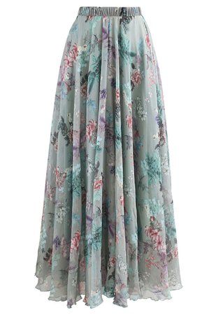 Exuberant Floral Chiffon Maxi Skirt in Green - Retro, Indie and Unique Fashion