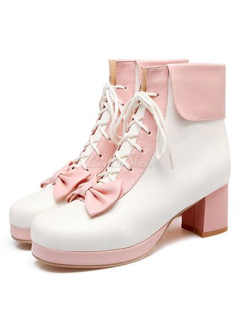 Sweet Lolita Boots Two Tone Square Toe Chunky Heel Lace Up Peach Lolita Winter Booties - Lolitashow.com