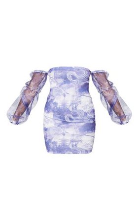 Lilac Oriental Print Bardot Organza Sleeve Bodycon Dress | PrettyLittleThing