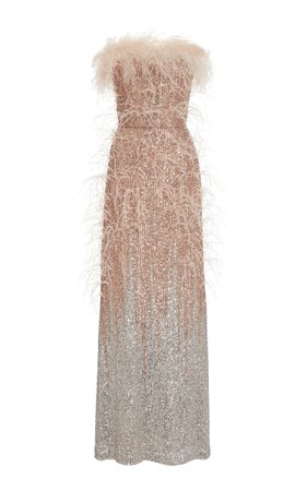 Feather-Trimmed Sequined Strapless Gown By Elie Saab | Moda Operandi