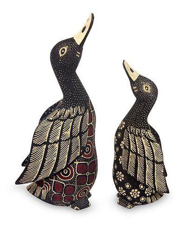 Unique Indonesian Wood Bird Sculpture (Pair) - Noble Ducks | NOVICA