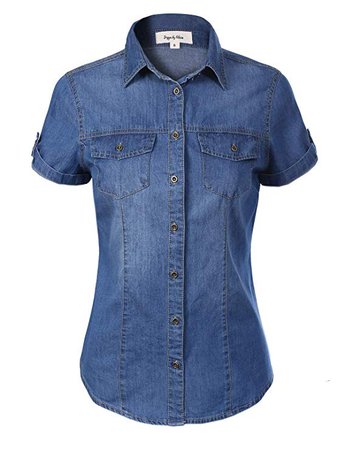 Amazon.com: Design by Olivia Women's Cap Sleeve Button Down Denim Chambray Shirt Medium Denim S: Clothing