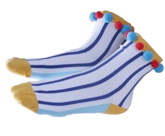 blue white yellow striped short clown socks with pompoms