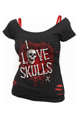 Love Skulls 2in1 Red Ripped Gothic Top by Spiral Direct