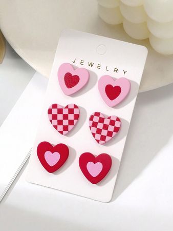 1card/3pairs Valentine's Day Gift For Women - Romantic & Sexy Heart & Checkerboard Pattern Pink Color Heart Shape Acrylic Earrings With Ceramic Texture Stud Earrings | SHEIN USA