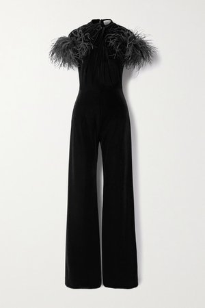 Kohana Feather-trimmed Knotted Velvet Jumpsuit - Black