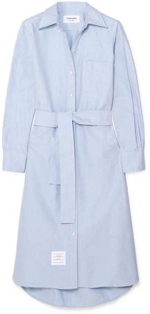 Belted Cotton Shirt Dress - Light blue