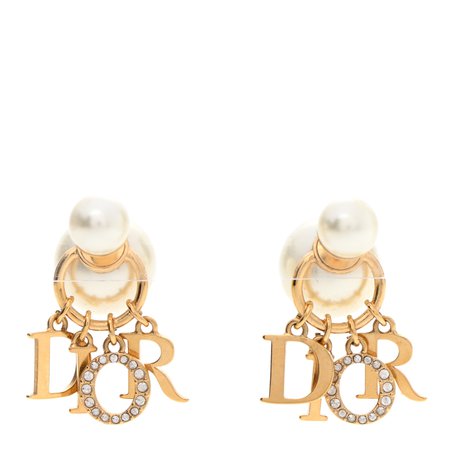 DIOR Pearl Crystal Tribal Logo Charms Earrings Gold 979213 | FASHIONPHILE