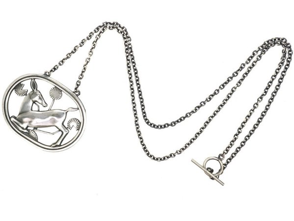 Silver Pendant of Kneeling Fawn on Silver Chain by Arno Malinowski for Georg Jensen - The Antique Jewellery Company