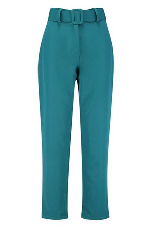 Wide Buckle Belted Straight Tapered Trousers  teal | Boohoo