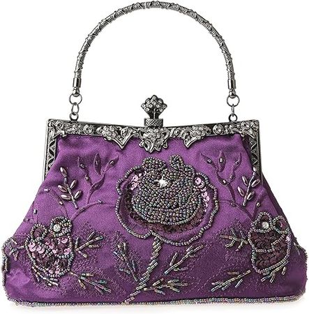 GUOZI Vintage Floral Beaded Rhinestone Embroidery Clutch Sequin Wedding Party Prom Bag Crossbody Evening Handbag for Bridal Ladies (Purple): Handbags: Amazon.com