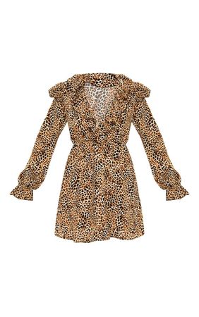 Brown Leopard Print Frill Detail V Neck Shift Mini Dress Animal Print  | PrettyLittleThing USA