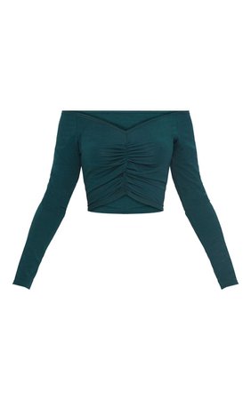 Esmerald Green Slinky Ruched Front Long Sleeve Crop Top