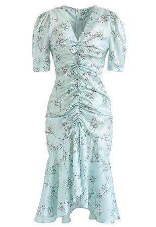 Flounced Hem Drawstring Floral Dress in Mint - Retro, Indie and Unique Fashion