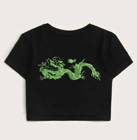 black baby tee cropped t-shirt with neon green dragon baddie romwe