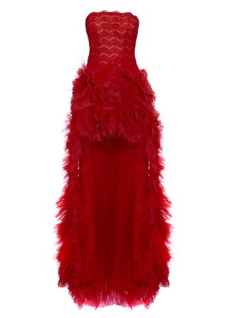 Red Strapless High Low Feather Dress 1