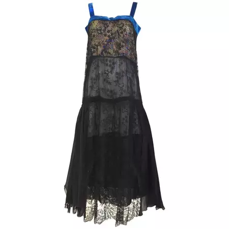 1920s art deco Black lace dress with blue velvet strap For Sale at 1stDibs | 1920s black lace dress, art deco black dress