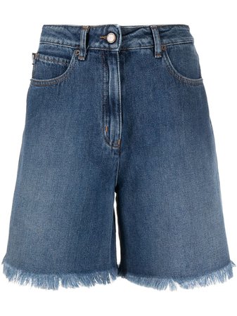 Moschino Kids fringed-edge denim shorts - Blue