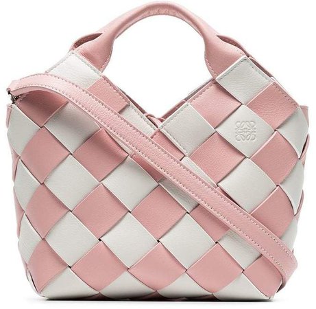 pink and white woven basket gingham mini leather bag