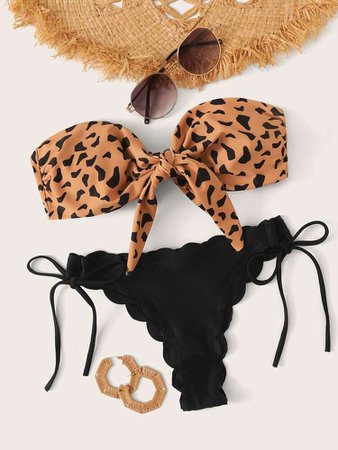 Leopard Knot Front Bandeau Bikini Swimsuit | SHEIN USA