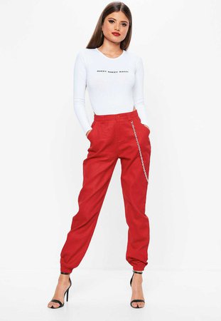 red chain detail cargo pants | Missguided