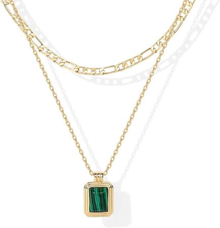 Amazon.com: PAVOI 14K Yellow Gold Plated Layered Necklaces for Women | Malachite Gemstone Pendant Figaro Chain Necklace : Clothing, Shoes & Jewelry
