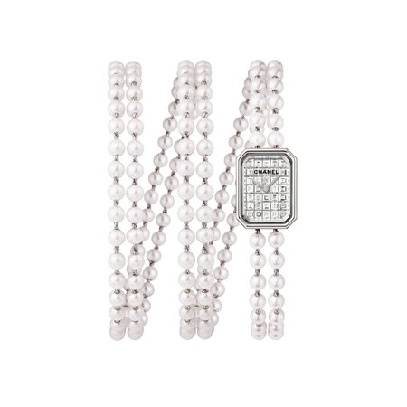 Chanel, première mini watch White gold, triple row pearl and diamond bracelet, dial set with baguette-cut diamonds