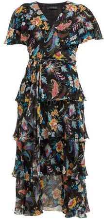 Cumbria Floral Print Silk Chiffon Midi Dress - Womens - Black Multi