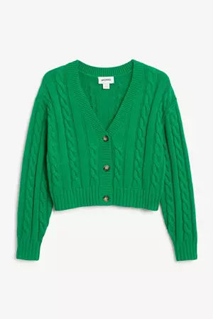 Green cropped cable knit cardigan - Brown - Monki GB