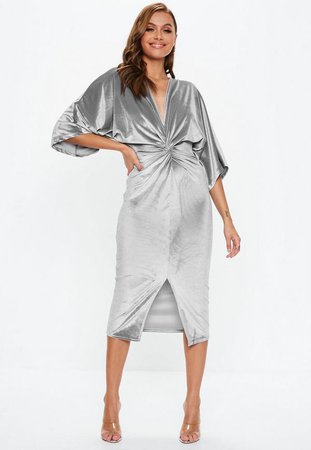 Grey Velvet Plunge Twist Front Midi Dress | Missguided