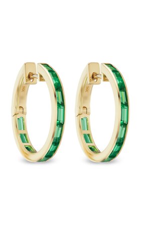 14k Yellow Gold Baguette Hoops With Emerald By Marlo Laz
