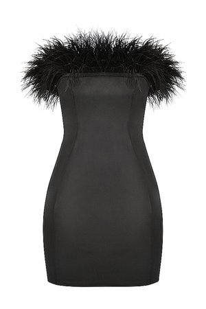 'Fiesta' Black Satin Off Shoulder Feather Mini Dress - Mistress Rock