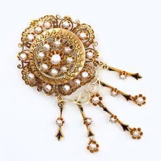 Rare huge and authentic Victorian era French Napoleon III brooch in 18K solid gold, enamel and pearls. Halley's comet fine jewelry