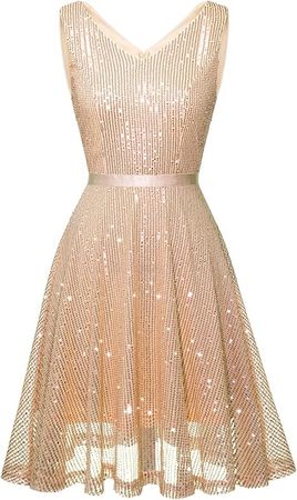 DRESSTELLS Plus Size Sequin Dress for Women V-Neck Sleeveless Sparkly Cocktail Dress A-line Sexy Party Night Club Dress Champagne 3XL at Amazon Women’s Clothing store