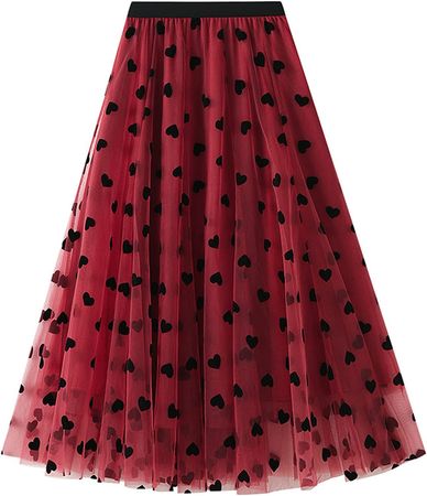 Dirholl Women's A-Line Fairy Elastic Waist Tulle Midi Skirt Heart Red
