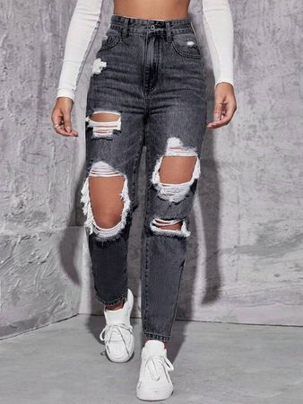 High Waist Ripped Cut Out Straight Jeans | SHEIN