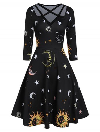 [31% OFF] 2019 Cut Out Sun And Moon Print Fit And Flare Dress In BLACK | DressLily