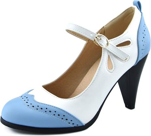Amazon.com | Mekereke Womens Blue Retro Mary Jane Oxford High Heels Pumps Shoes for Women Teardrop Cutout Round Toe Pierced Strappy Oxfords Mary Janes Pump Shoe(7.5) | Pumps