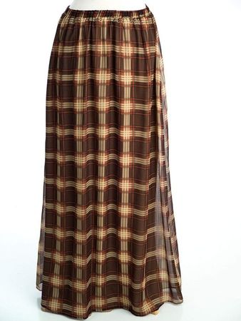 Brown Plaid Chiffon Maxi Skirt