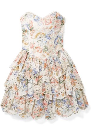 Zimmermann | Bowie Ruffle strapless floral-print broderie anglaise linen mini dress | NET-A-PORTER.COM